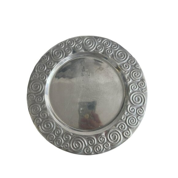 Pewter Black Swirls Metal Decorative Plate 12" Round Silvertone Serving Tray - Picture 2 of 5
